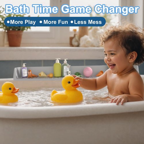Aqqwxyq Longer Bathtub Splash Guard for Tub Kids, Bathtub Water Guards Play Shelf for Bathing, Toy Tray Caddy Holder for Tub, Silicone Tub Splash Guard Prevent Water Spills in Bathroom (2.6FT, Grey)
