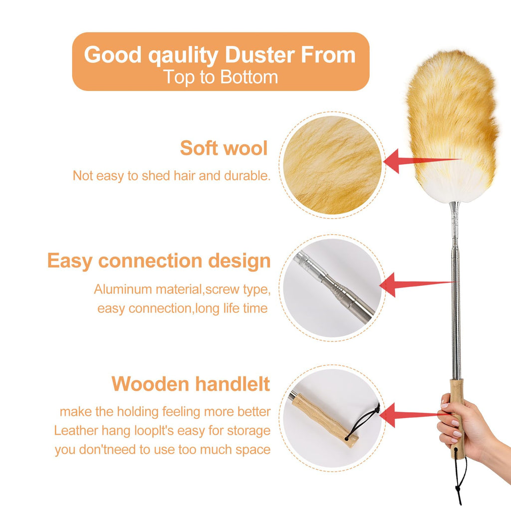 Extendable Lambswool Feather Duster 31-88 Inch, Anti-Static Wool Duster for Cleaning with Stainless Steel Pole - Ideal for High Ceilings, Fans, Interior & Roof (Yellow & White)