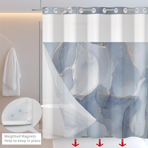 RiePoiia No Hook Shower Curtain with Snap in Fabric Liner Set, Blue Marble Modern Hotel Style Design for Bathroom, Double Layer Ringless with Top Sheer Window, 71" x 74"
