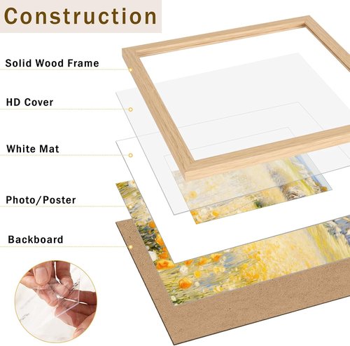 JCJMY 12x12 Solid Wood Picture Frame - Display 8x8 with Mat or 12x12 Without Mat, Natural Finish