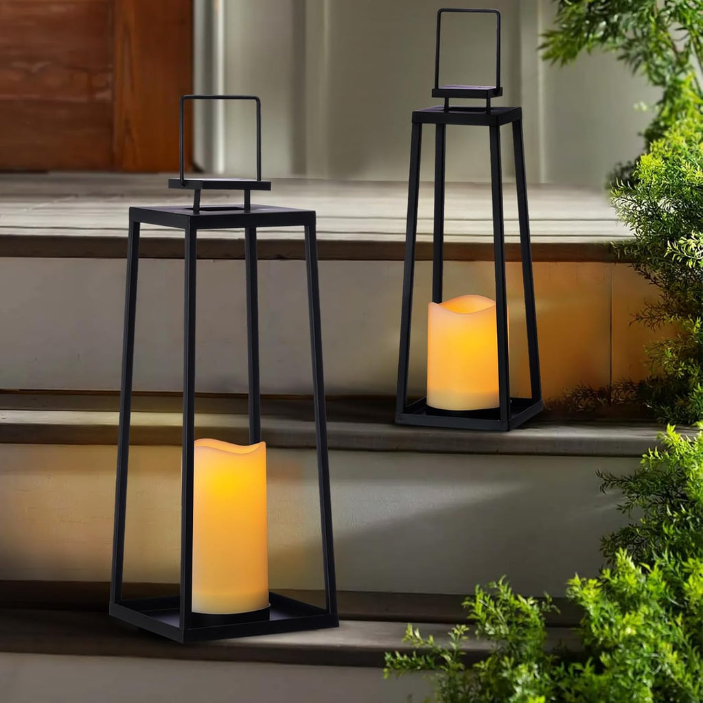Skiennix Solar Lantern Set of 2 - Modern Black Metal Lanterns with Solar Candles | 18’’ & 15’’ for Outdoor Decor