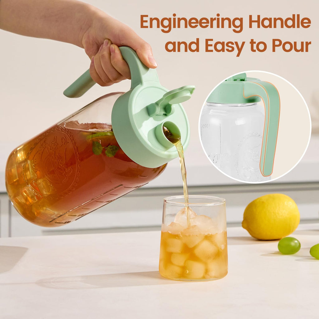 Spreccio Mason Jar Pitcher with Tea Filter, Airtight & Leakproof Glass Pitcher with Lid, 64 oz Sun Tea Glass Jar for Outside, Perfect for Sun Tea, Lemonade, and iced Tea