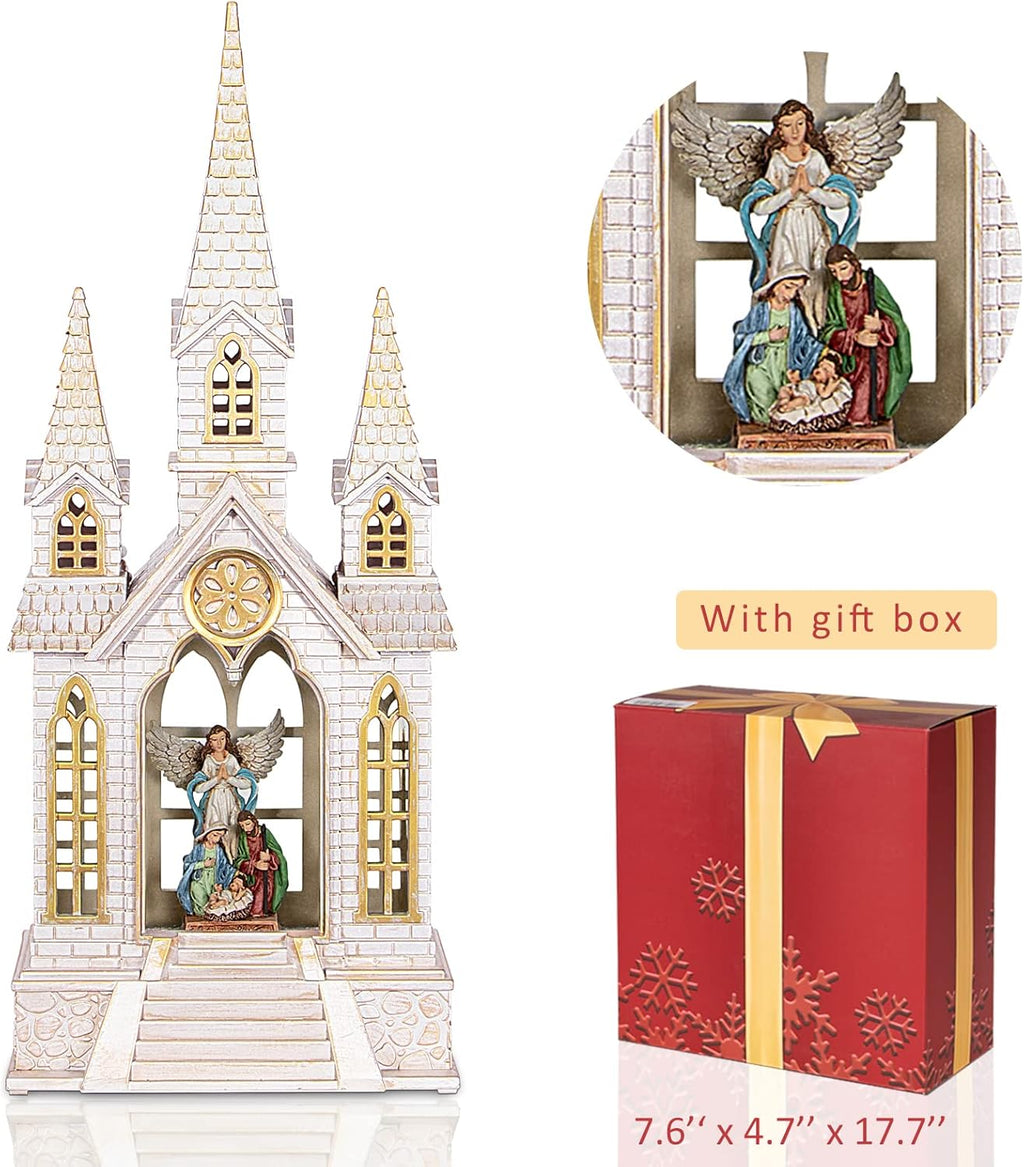 Skiennix Church Snow Globe | Lighted Christmas Lantern with Angel Nativity Scene - Musical Decor