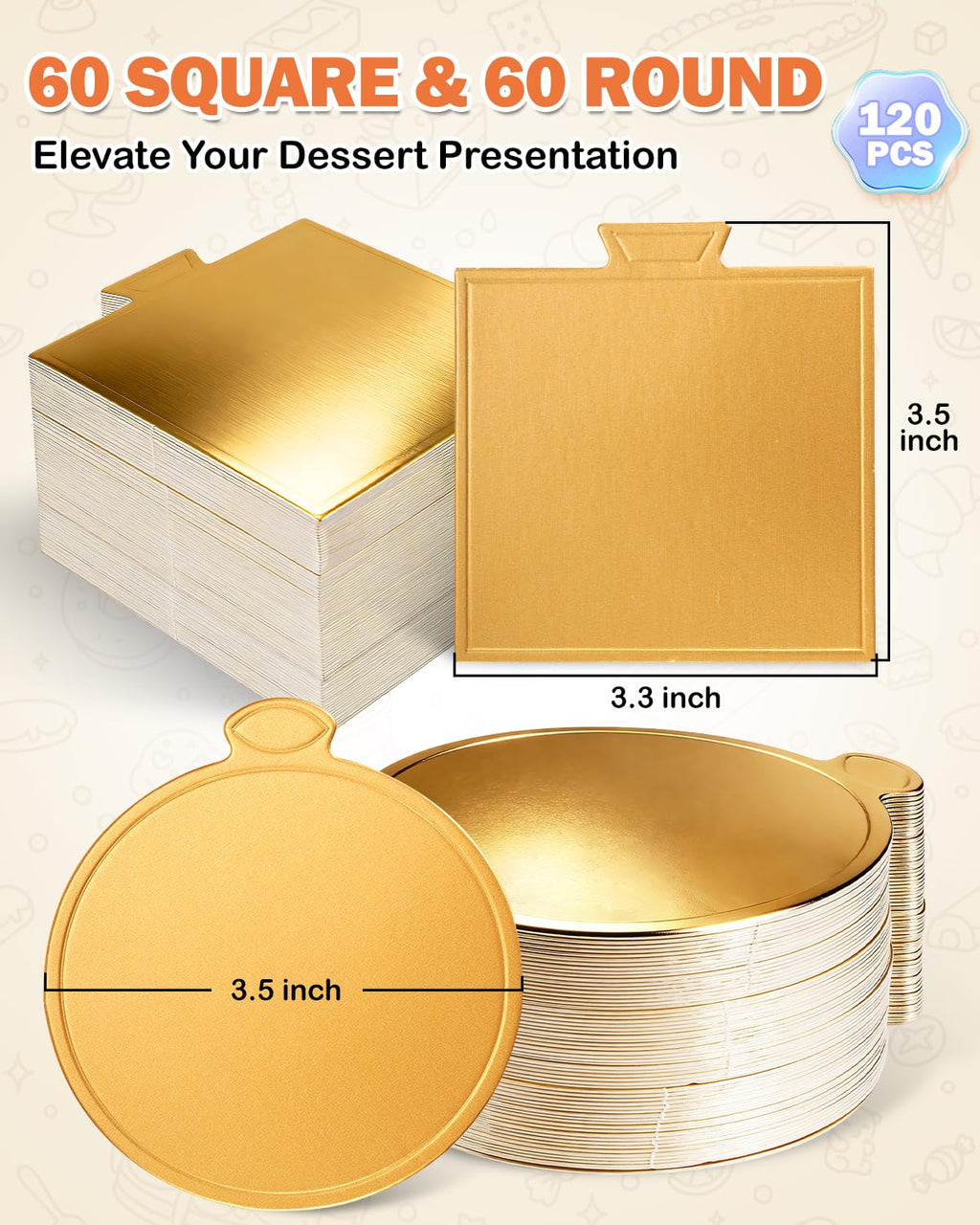CHONNFEASTT® 120PCS Mini Gold Cake Boards with Tab – 3.5" Round & Square Dessert Bases Para Postres – Grease-Proof Cardboard Flan Plates for Party Mousse Cakes, Cupcakes, Petit Fours, Bakeries, Pastry