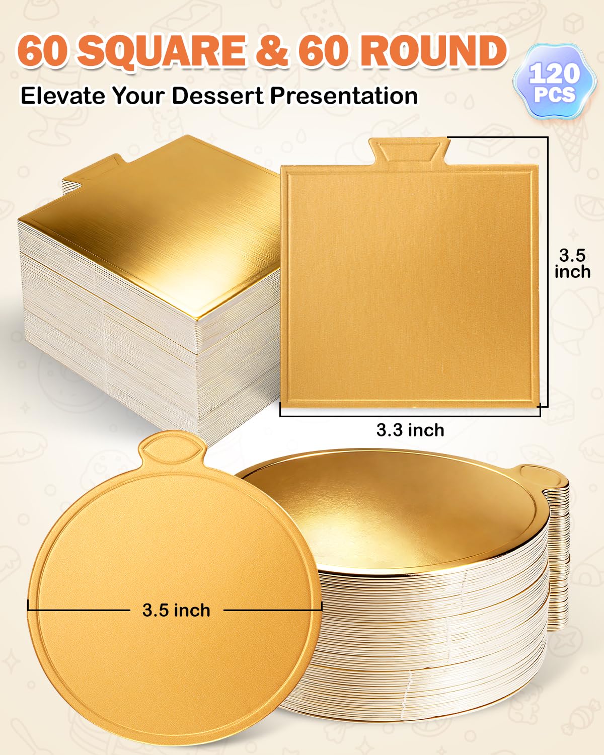 CHONNFEASTT® 120PCS Mini Gold Cake Boards with Tab – 3.5" Round & Square Dessert Bases Para Postres – Grease-Proof Cardboard Flan Plates for Party Mousse Cakes, Cupcakes, Petit Fours, Bakeries, Pastry