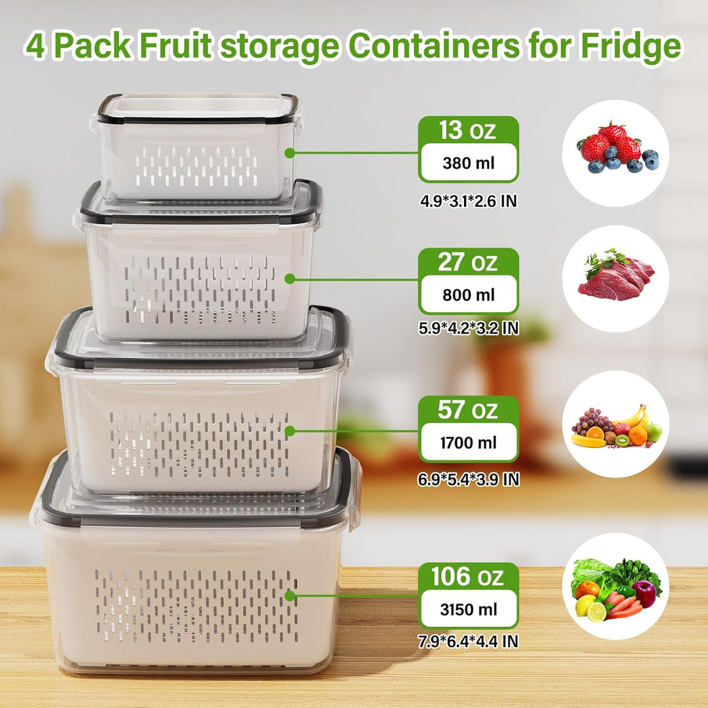 Skiennix 4 PCS Fruit Storage Containers - All-In-One Produce Wash Bowl with Removable Colander | Microwave & Dishwasher Safe
