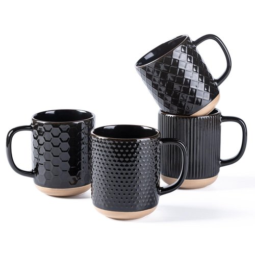 GBhome Large Coffee Mugs Set of 4, 16oz Handmade Stoneware Coffee Mugs Set with Large Handle for Cappuccino/Latte/Tea/Hot Cocoa, Dishwasher & Microwave Safe, Black