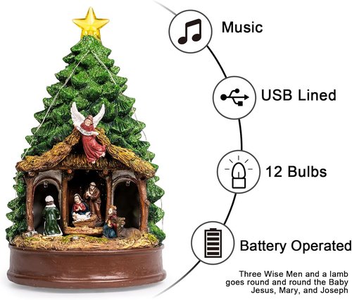 Candieslife Musical Christmas Tree - Rotating Nativity Scene with LED Star Light | Tabletop Decor Gift
