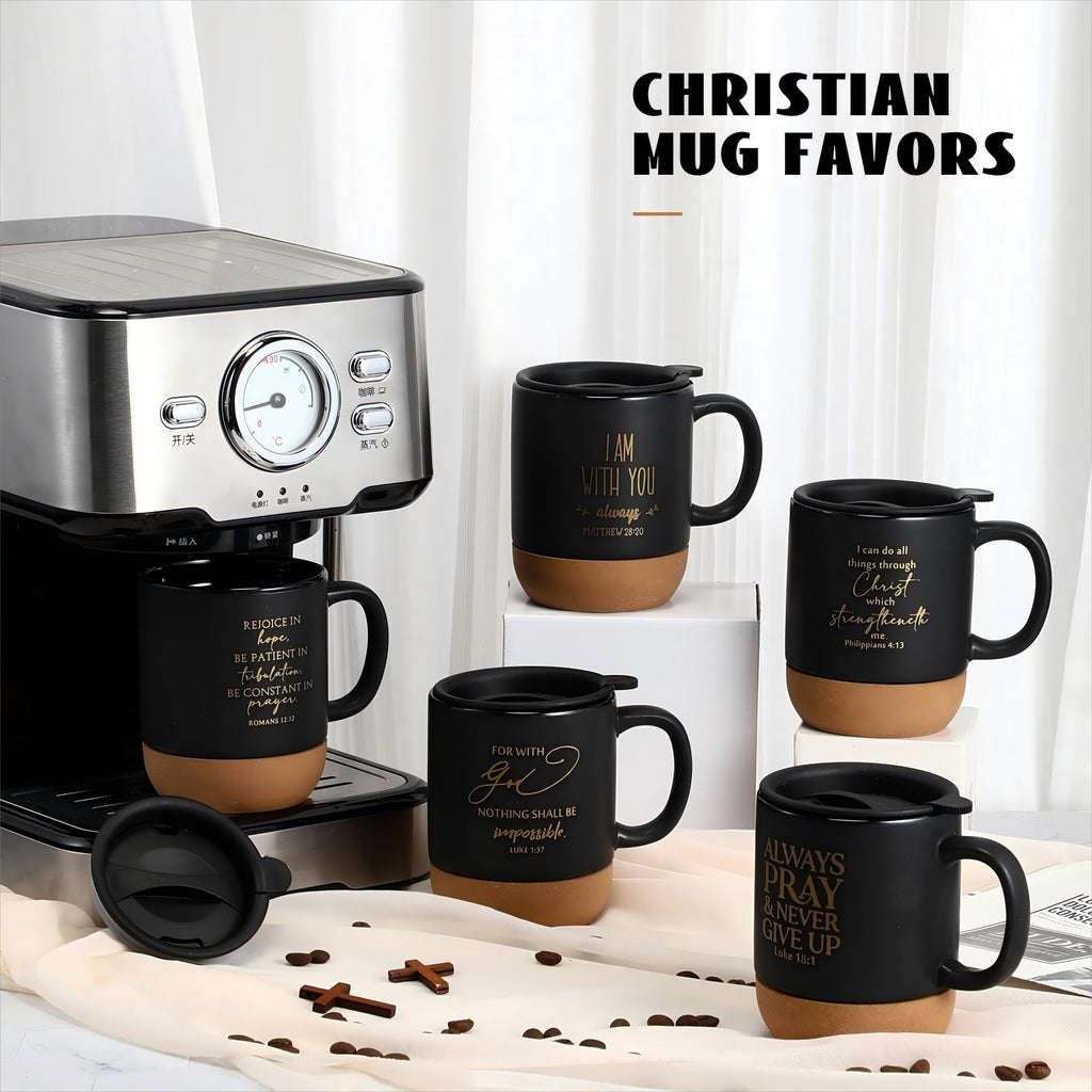 FillTouch 12 Pcs Christian Mothers Day Coffee Mugs 15 oz Religious Cup Cork Bottom Coffee Mug with Verse Inspirational Gifts for Women Men Father Teacher Church Bible Study(Black,Classics)