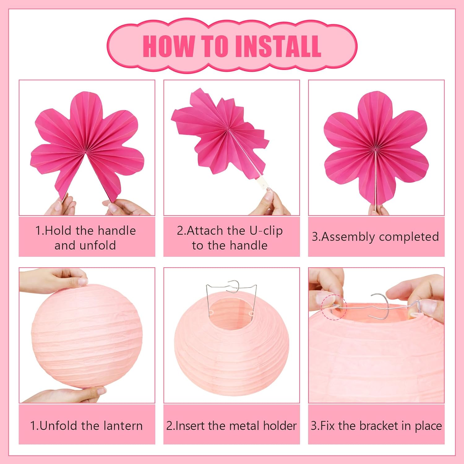 Skiennix 19 Pcs Pink Party Decorations - Light Hot Pink Hanging Lanterns & Tissue Pom Poms for Birthdays & Weddings