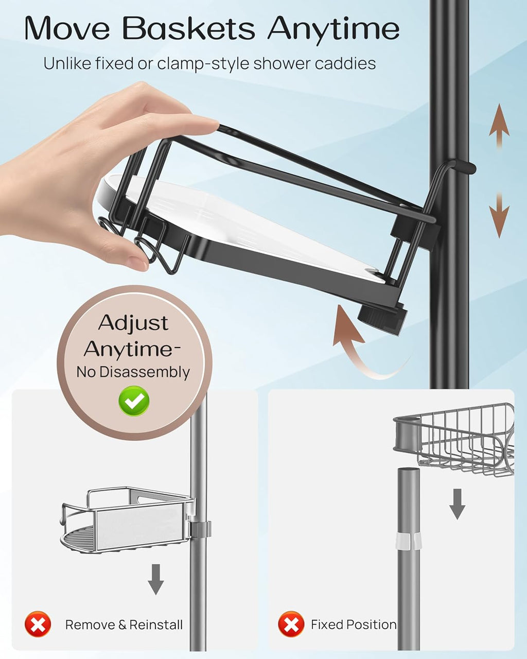 ALLZONE Corner Shower Caddy - Rustproof Stainless Steel Tension Pole with 4 Baskets & Extra Hooks | Fits 34–116 Inch, Black/White