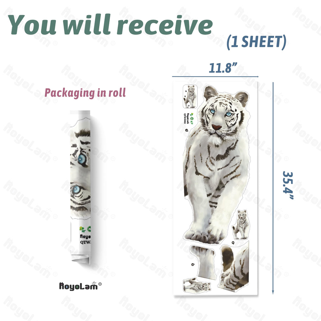 RoyoLam Mighty White Tiger Wall Decal Jungle Animal Wall Sticker Removable Peel and Stick Waterproof Wall Art Decor Stickers for Kids Baby Nursery Classroom Living Room Playing Room Bedroom