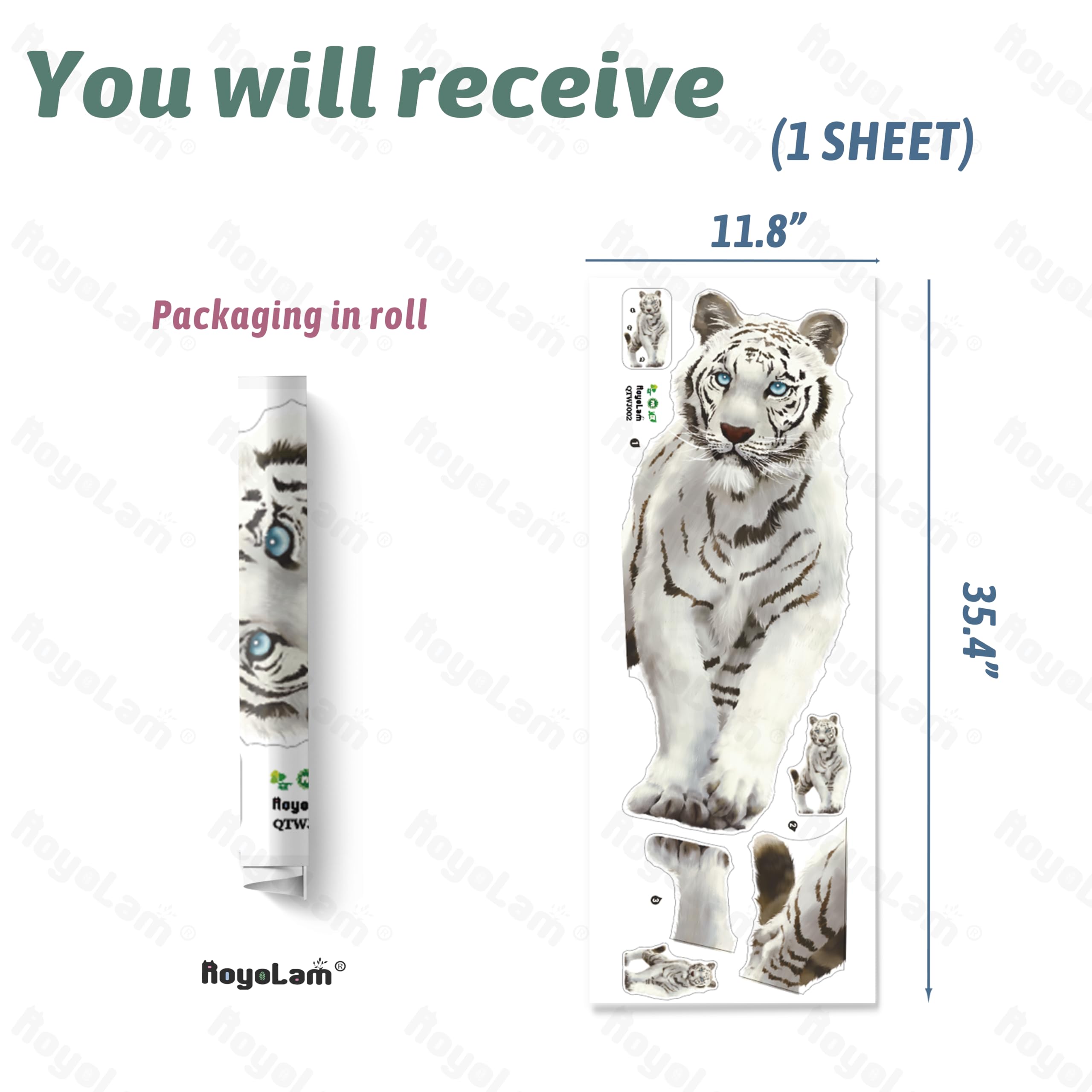 RoyoLam Mighty White Tiger Wall Decal Jungle Animal Wall Sticker Removable Peel and Stick Waterproof Wall Art Decor Stickers for Kids Baby Nursery Classroom Living Room Playing Room Bedroom