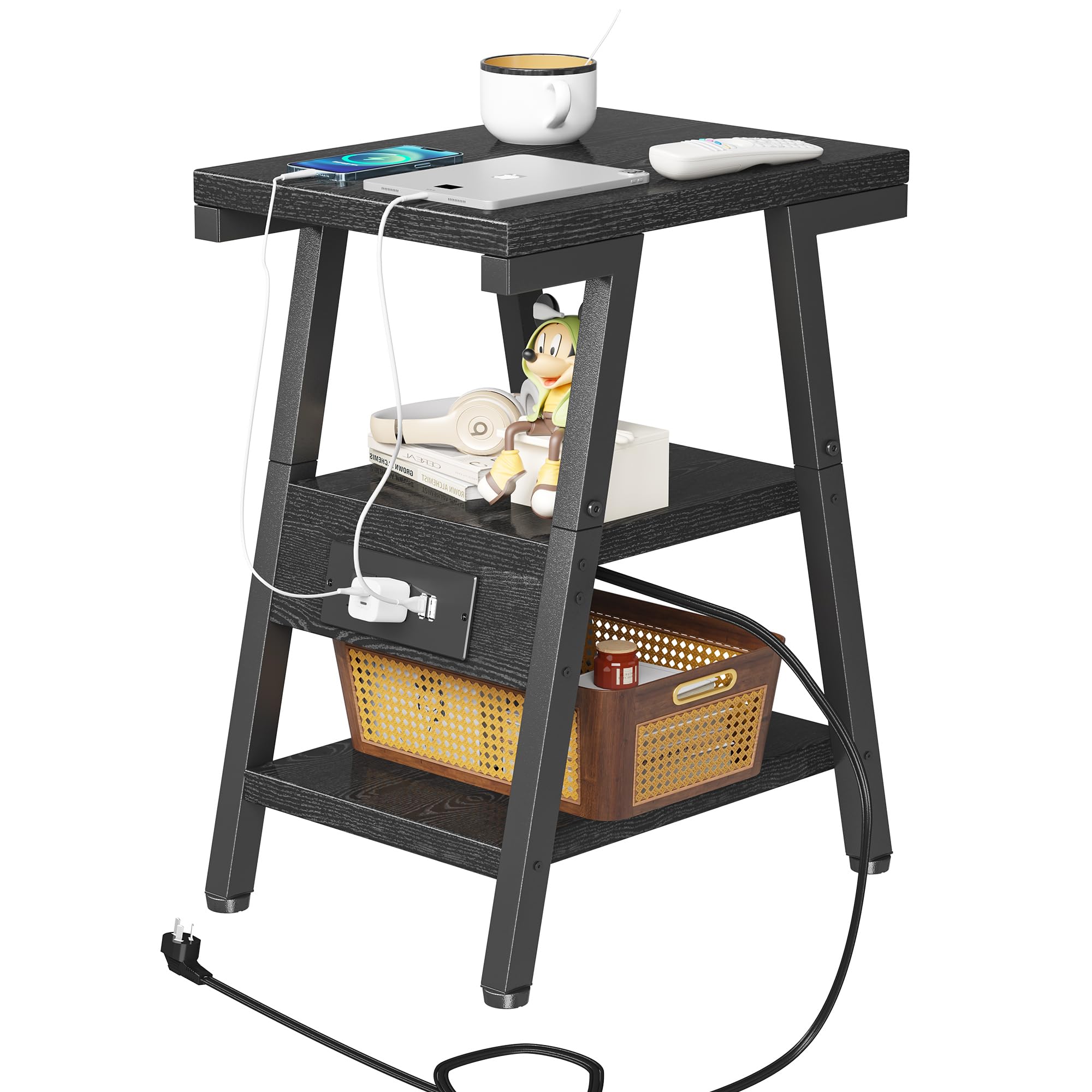 SIde Table with Charging Station, Small End Tables with Lucky 7 Metal Shape, 3-Tier Nightstand with Outlets and USB Ports, Adjustable Leveling Feet, Side Table for Living Room, Bedroom (Rustic Brown)