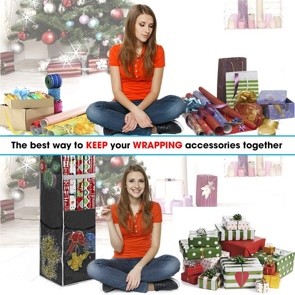 ProPik Holiday Wrapping Paper Storage Bag - 360° Swivel Hanger with Mesh Pockets | Holds Up to 25 Rolls, 40 Inch, Black