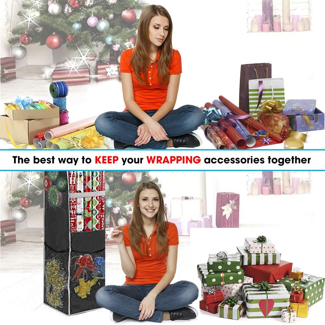 ProPik Holiday Wrapping Paper Storage Bag - 360° Swivel Hanger with Mesh Pockets | Holds Up to 25 Rolls, 40 Inch, Black