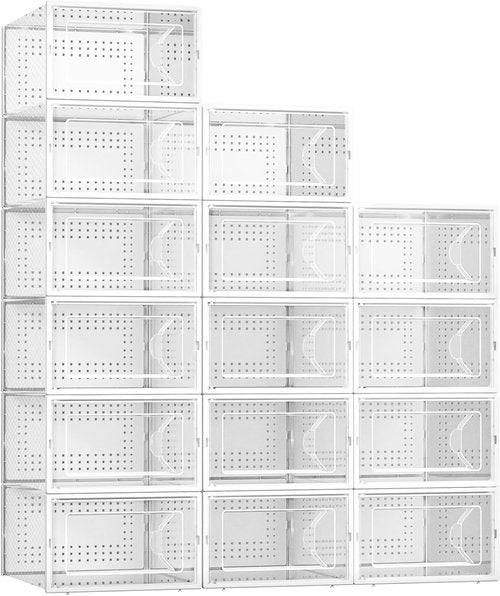 Kuject Shoe Storage Boxes - 15 Pack Large Clear Stackable Organizers for Closet | Drop Front Design, Fits Size 10 (White)
