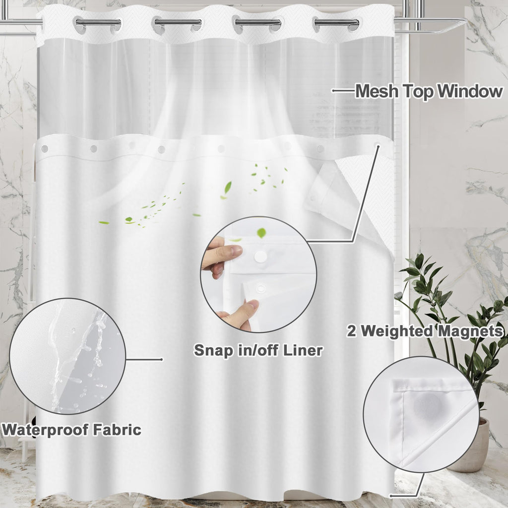 SSCRCUSLY No Hook Shower Curtain with Snap in Fabric Liner Set, White Chevron Hotel Style Bathroom Curtain, Washable and Water Repellent, 71x74 Inches