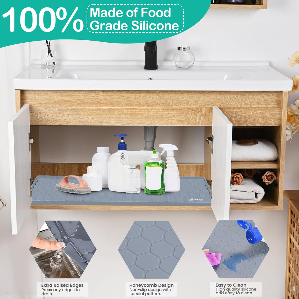 FORWOS Waterproof Under Sink Mat 28" x 19", Silicone Cabinet Liner, Rubber Protector for Kitchen and Bathroom, Keeps Cabinets Clean, Dry, and Organized (Grey)