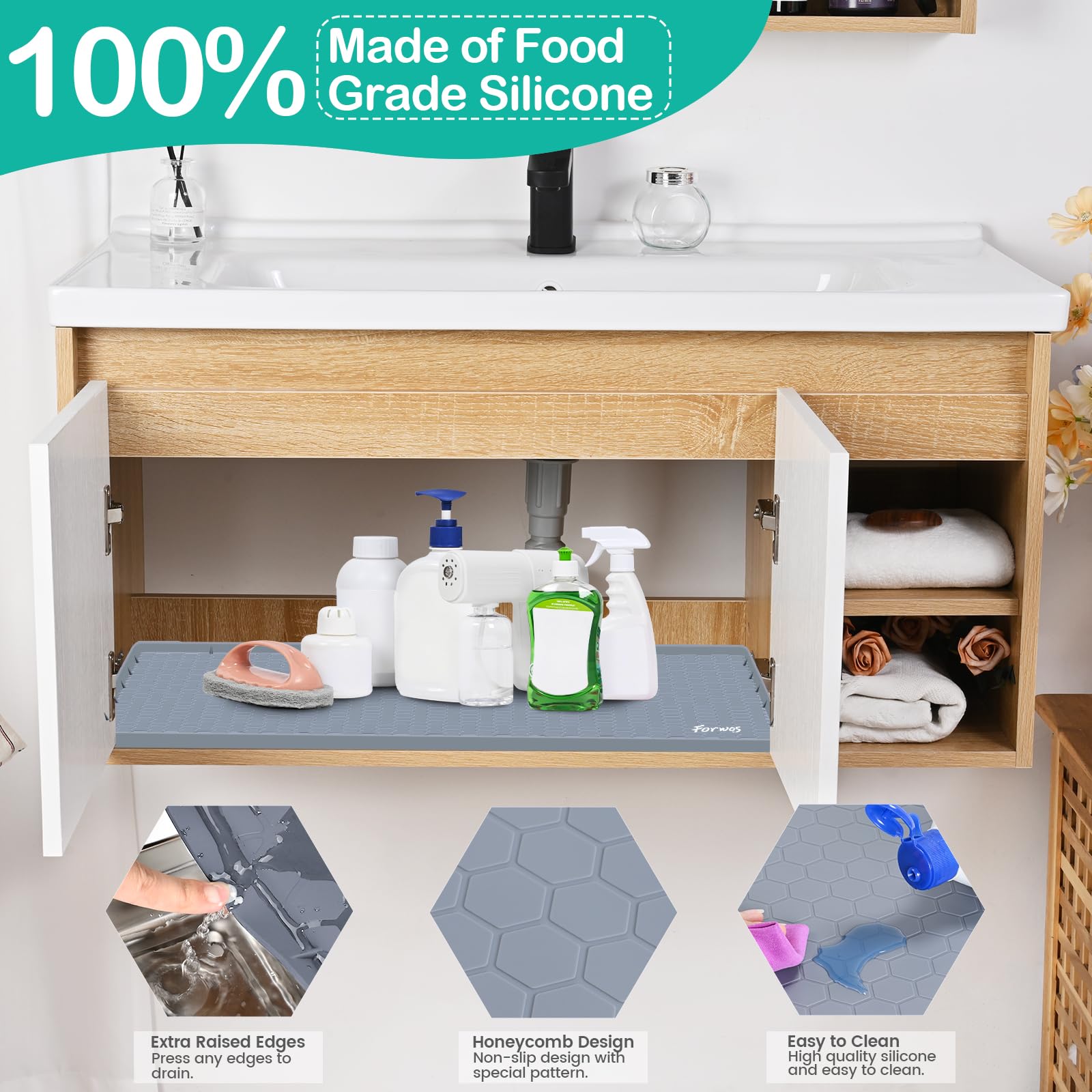 FORWOS Waterproof Under Sink Mat 28" x 19", Silicone Cabinet Liner, Rubber Protector for Kitchen and Bathroom, Keeps Cabinets Clean, Dry, and Organized (Grey)