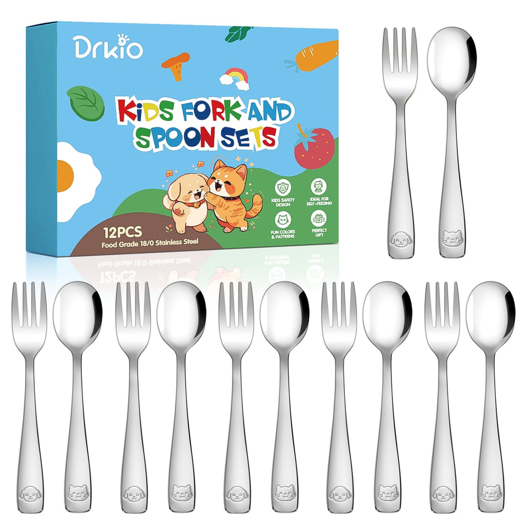 DRKIO Stainless Steel Toddler Utensils Set - 12 Pieces Kids Silverware Set Children Safe Food Grade Small Forks and Spoons Dishwasher Safe Mirror Polished