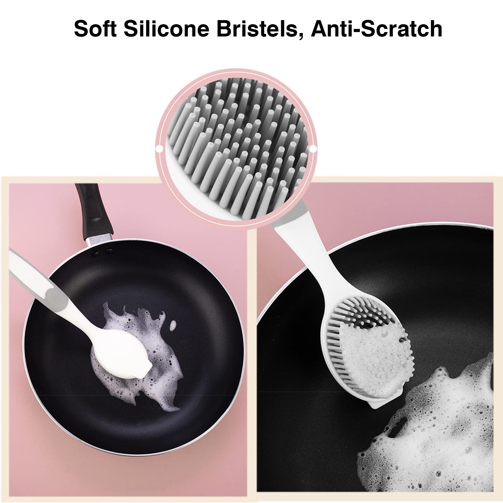 Dish Scrubber, Silicone Soft Bristles Scrub Brush with Scraper Tip, Comfortable Grip Brushes for Kitchen Sink, Pans, Pots, Skillet, Vegetable, Fruit, Potato Cleaning (Grey Style2)