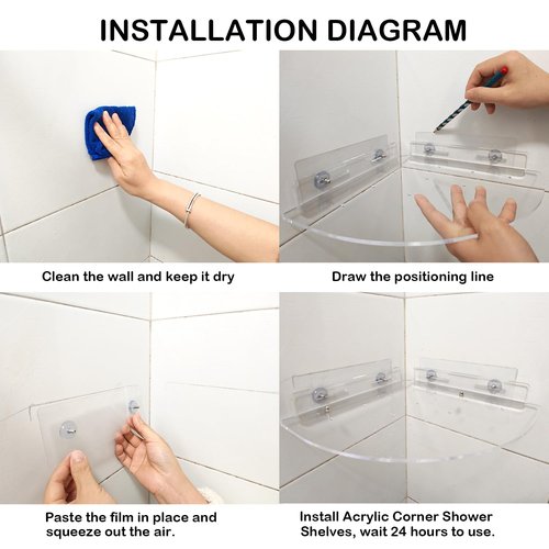 Acrylic Corner Shower Caddy Shelf 2 Pack - Wall Mounted Bathroom Shelves for Glass/Tile/Smooth Walls, Space Saving Storage Organizer for Shower, Kitchen, Bedroom & Toilet Corner