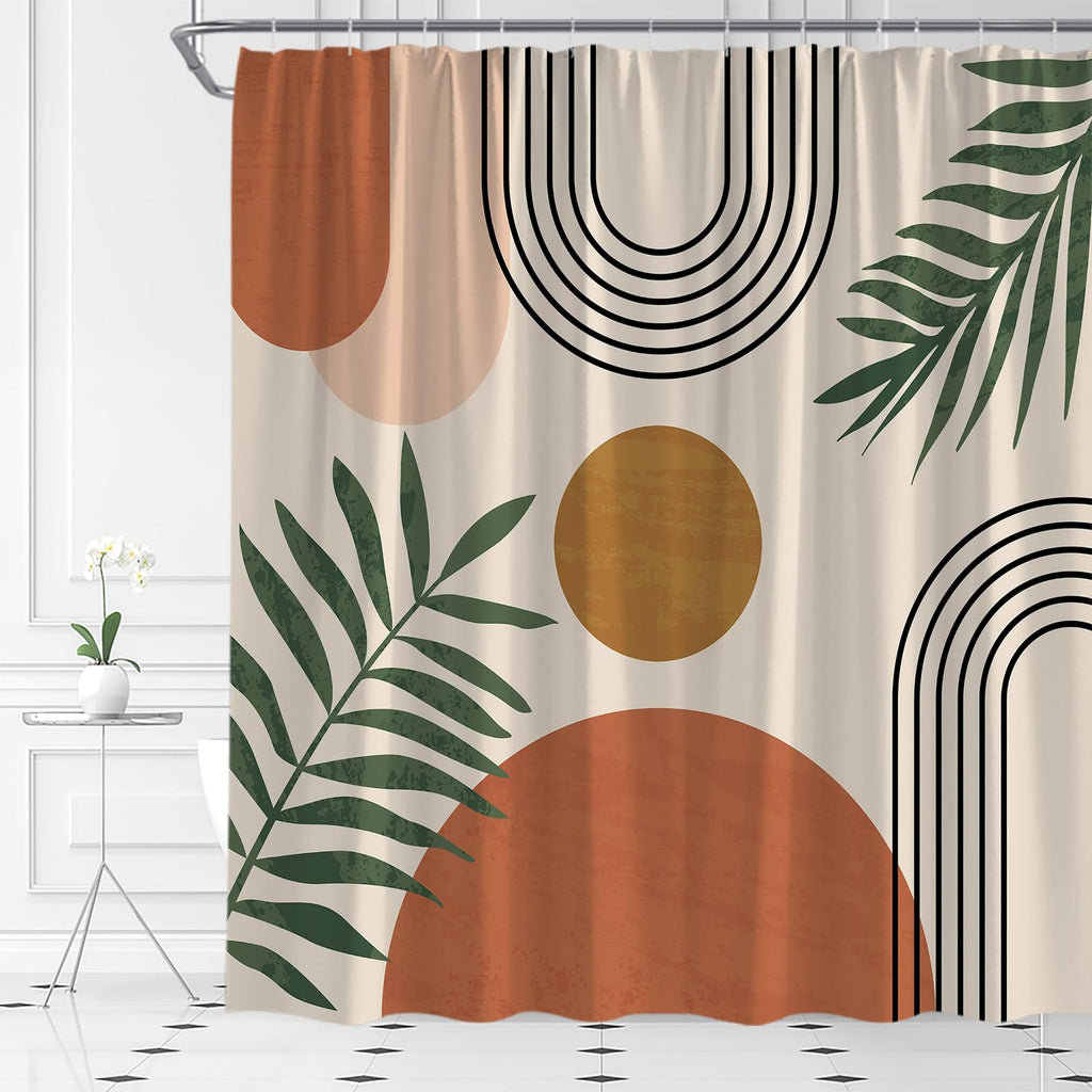 Mid Century Modern Shower Curtain Boho Beige Orange Abstract Retro Aesthetic Fabric for Bathroom Decor Bathtub with Hooks (70" WX70 H)