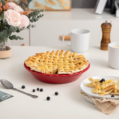 Fun Elements 9-Inch Ceramic Pie Pan - Deep Dish with Lace Emboss & Ruffled Edge | Perfect for Baking & Holiday Gifts