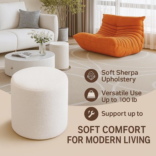 KKdema Round Pouf Ottoman and Foot Rest, Soft Boucle Footstool Ottomans for Living Room, Comfort Sponge Stuffed Poofs for Couch Desk Resting Your Feet, White(17.1" D x 17.1" W x 14" H)