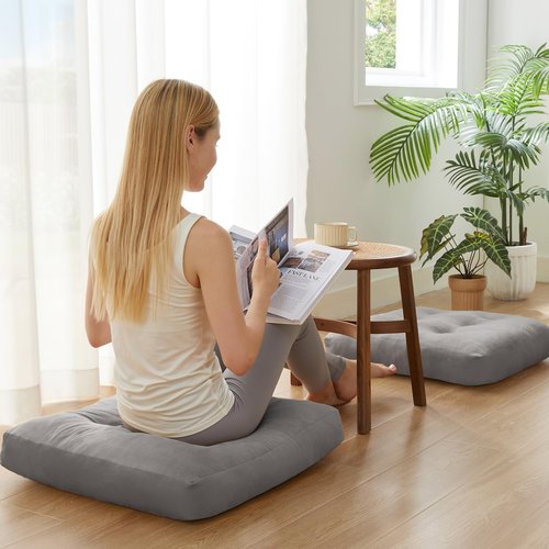 SM-XLHN Meditation Floor Pillow Set of 2, Square Large Pillows Seating for Adults, Meditation Cushion Pillow,Tufted Corduroy Cushion for Tatami Living Room or Yoga, Light Gray, 22x22 Inch