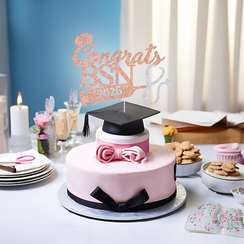BSN 2026 Cake Topper - Rose Gold Glitter Graduation Decorations for Nurse RN Medical School