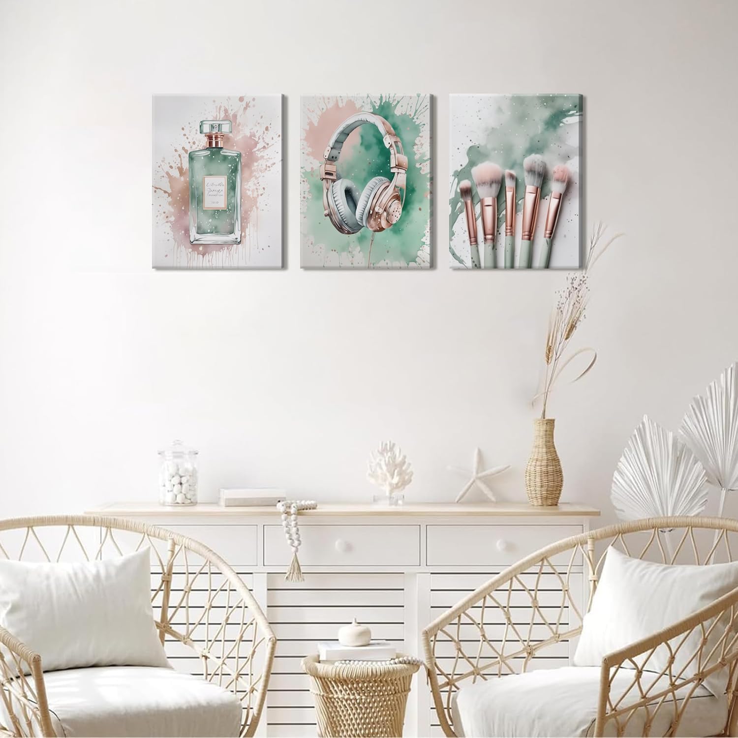 Skiennix Fashion Makeup Canvas Wall Art Set of 3 - Trendy Pink & Green Decor for Teen Girls | 12x16 Inch Framed