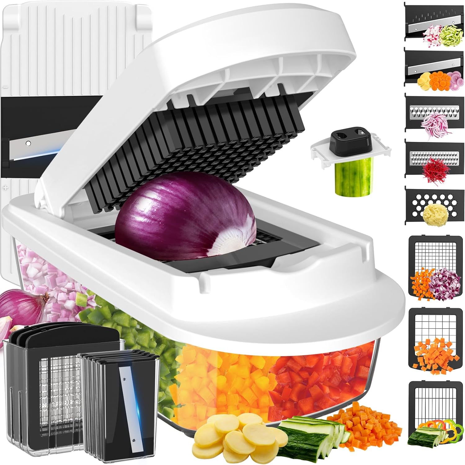 Skiennix 8-Blade Vegetable Chopper - All-in-One Mandoline Slicer with Container for Effortless Salad Prep | White
