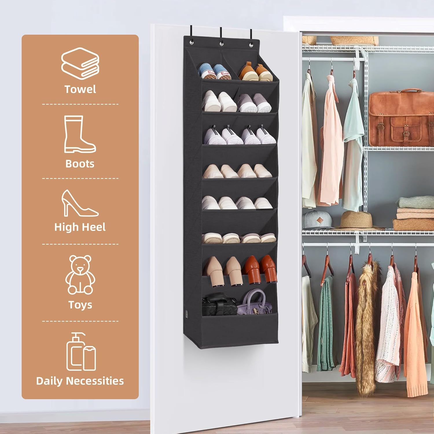 Storage Maniac Over The Door Shoe Organizer - Heavy-Duty Hanging Rack with Deep Pockets | Black, 1 Pack