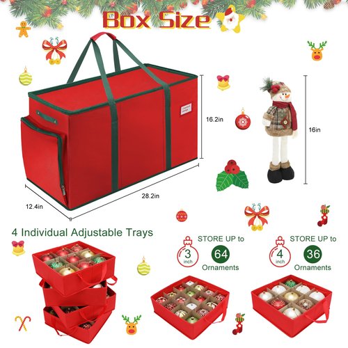 HKQ Large 2-in-1 Christmas Ornament Storage Box & Xmas Figurine Container,4 Separate Trays Keep 64-3"/ 36-4" Holiday Ornaments,Adjustable Extent Area for Figurines and Pockets for Decoration