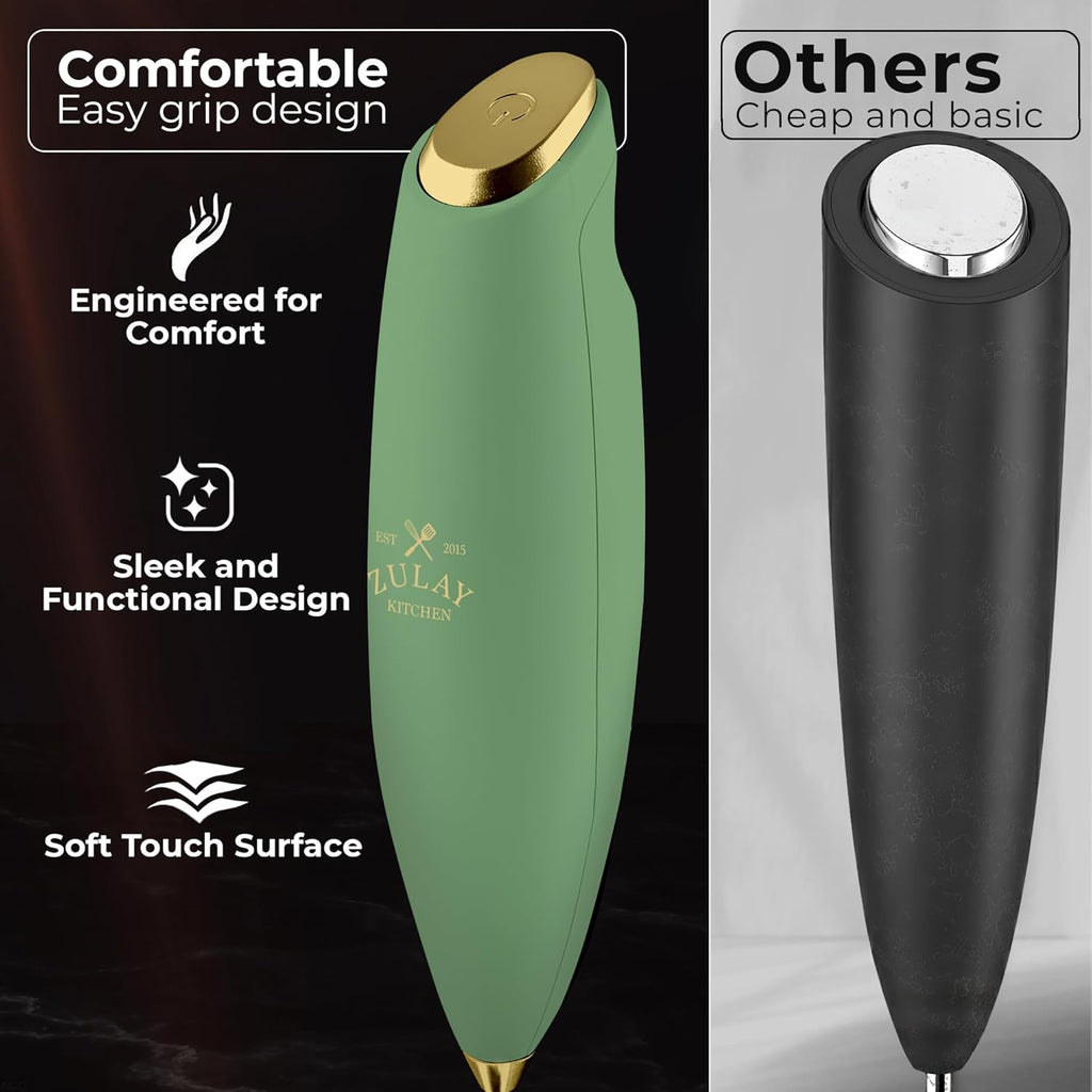 Zulay Kitchen Milk Frother - Patented Tornado Triple Whisk for Rich, Creamy Foam - Olive & Gold