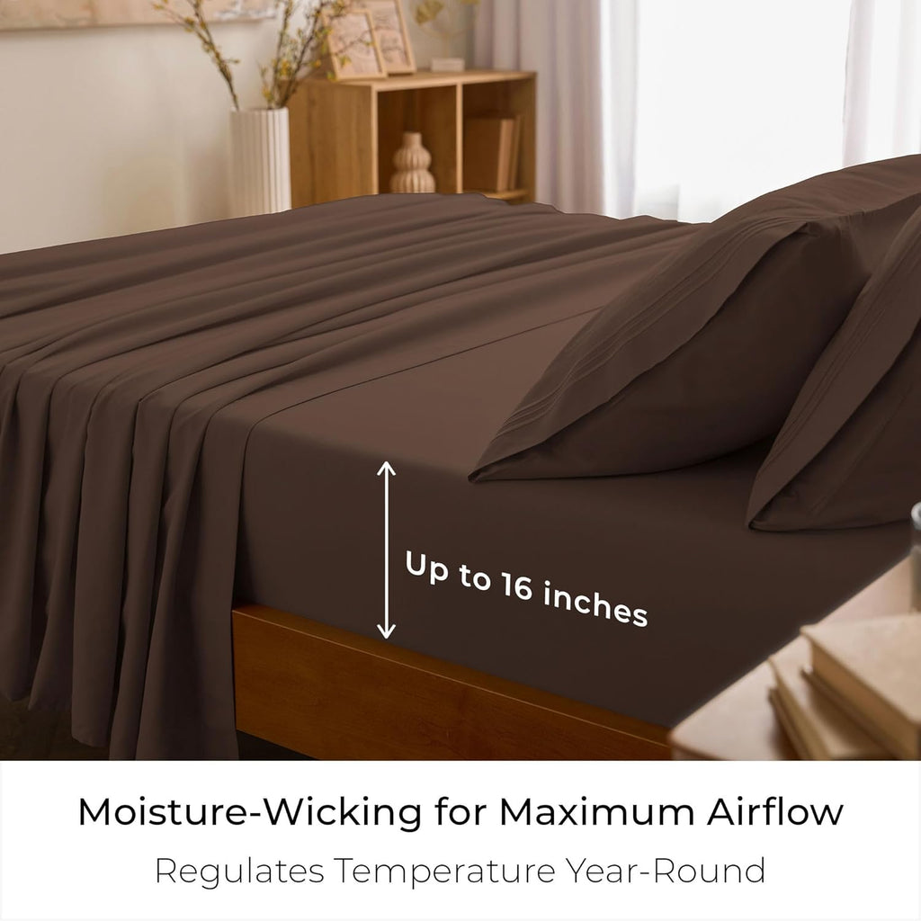 Mellanni King Sheets Set - 4 PC Hotel Luxury Bedding | Extra Soft, Cooling, Wrinkle-Resistant (Brown)