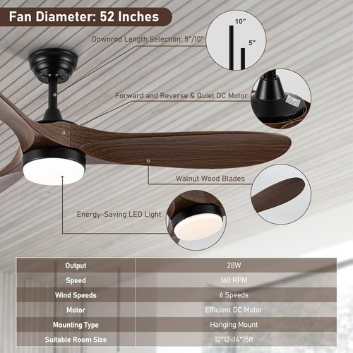 LOFIKEDI 52 Inch Ceiling Fan with Light, Remote Control, Reversible DC Motor, Stepless Dimming, Noiseless, Energy-Efficient for Indoor and Outdoor Use, Woodgrain Finish