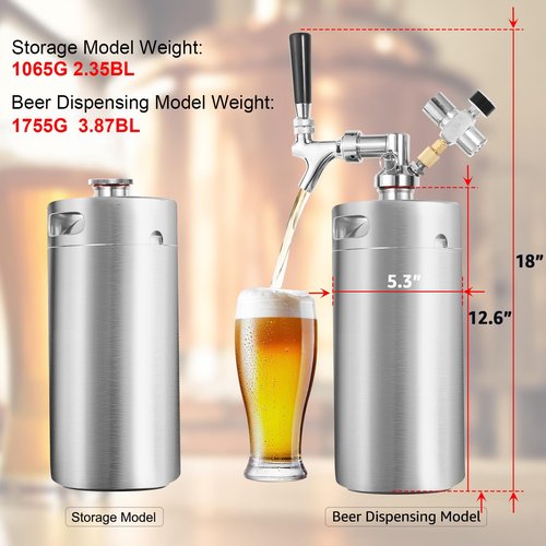 Hgkeke128OZ Mini Keg Growler,Stainless Steel Beer Keg Tap System Portable Draft Beer Dispenser to Keep Fresh and 55PSI CO2 Pressure Growler Carbonation, Beer Tap System for Homebrew, Camping(Silvery)