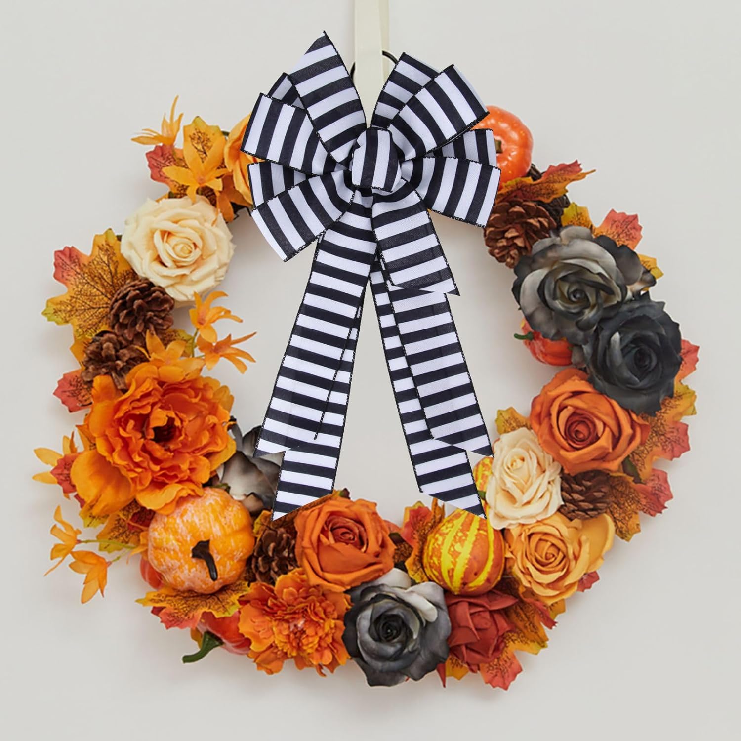 Meseey Christmas Ribbon Bow - Large Black and White Striped Design | 20 x 11 Inch for Wreaths & Decorations