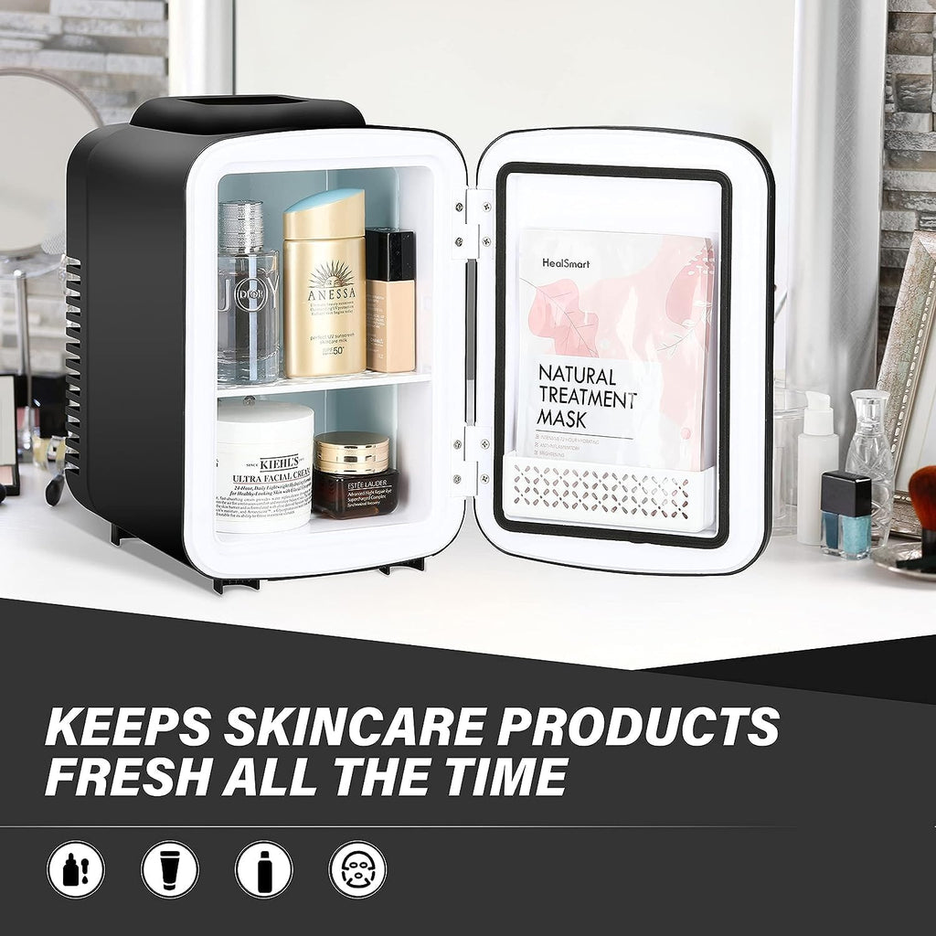 HealSmart 4L/6 Can Mini Fridge, Portable Cooler & Warmer Refrigerator, 100% Freon-Free & Eco-Friendly Compact Fridge, for Skincare, Office, Black