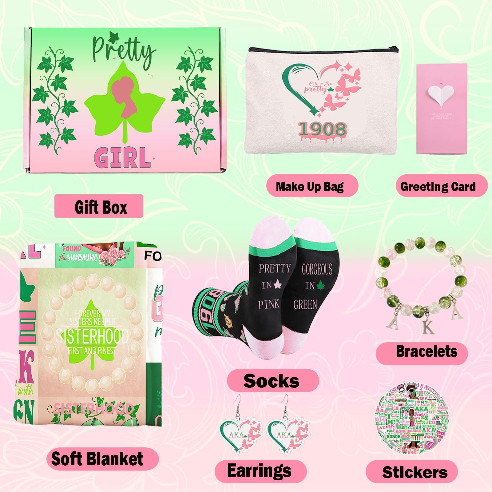 Farmansion AKA Gifts for Women, 7pcs Gift Set for AKA Lovers, Pink and Green Throw Blanket, Sisterhood Present with Novelty Socks,Make Up Bag,Bracelets,Earrings,Stickers