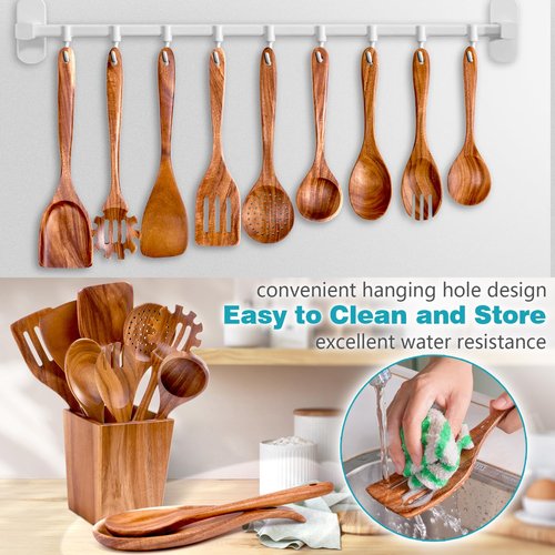 HOWHONG Wooden Spoons for Cooking, Premium Acacia Wood Kitchen Utensil Set, Handmade Wooden Utensils for Nonstick Cookware, Heat Resistant, Smooth Finish, Comfortable Grip, with Holder, Gift Ready