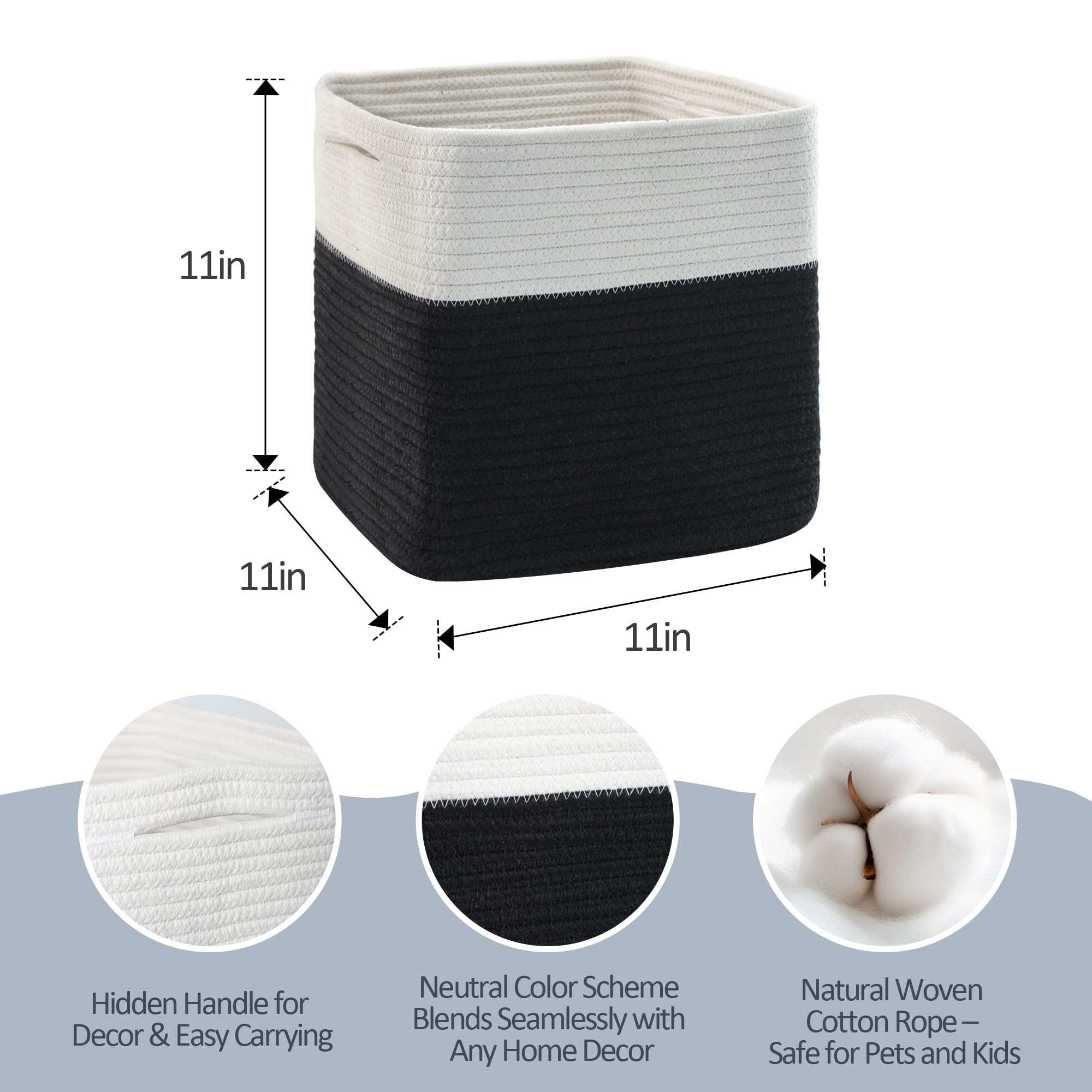 MEGASKET 3 Pack Cube Storage Bin, 11 Inch Cotton Rope Baskets for Organizing, Woven Fabric Kids Toy Bin Box, Baby Nursery Cube Storage Organizer, Decorative Cute Black Wicker Square Basket for Shelves