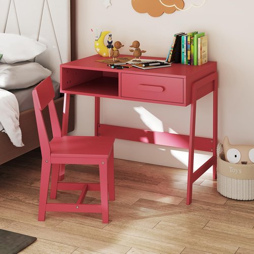 Costzon Kids Desk and Chair Set, Wooden Children Table with Drawer, Student Writing Table Computer Workstation for 3-8 Years Old, Kids Study Desk for Bedroom, School (Pink)