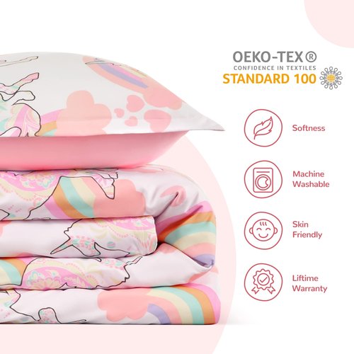 SLEEP ZONE Kids Duvet Cover Set Twin Size 2 Pieces - Super Soft & Cute Comforter Cover with 1 Pillow Sham, Easy Care Zipper Closure (Pink Unicorn, Twin)