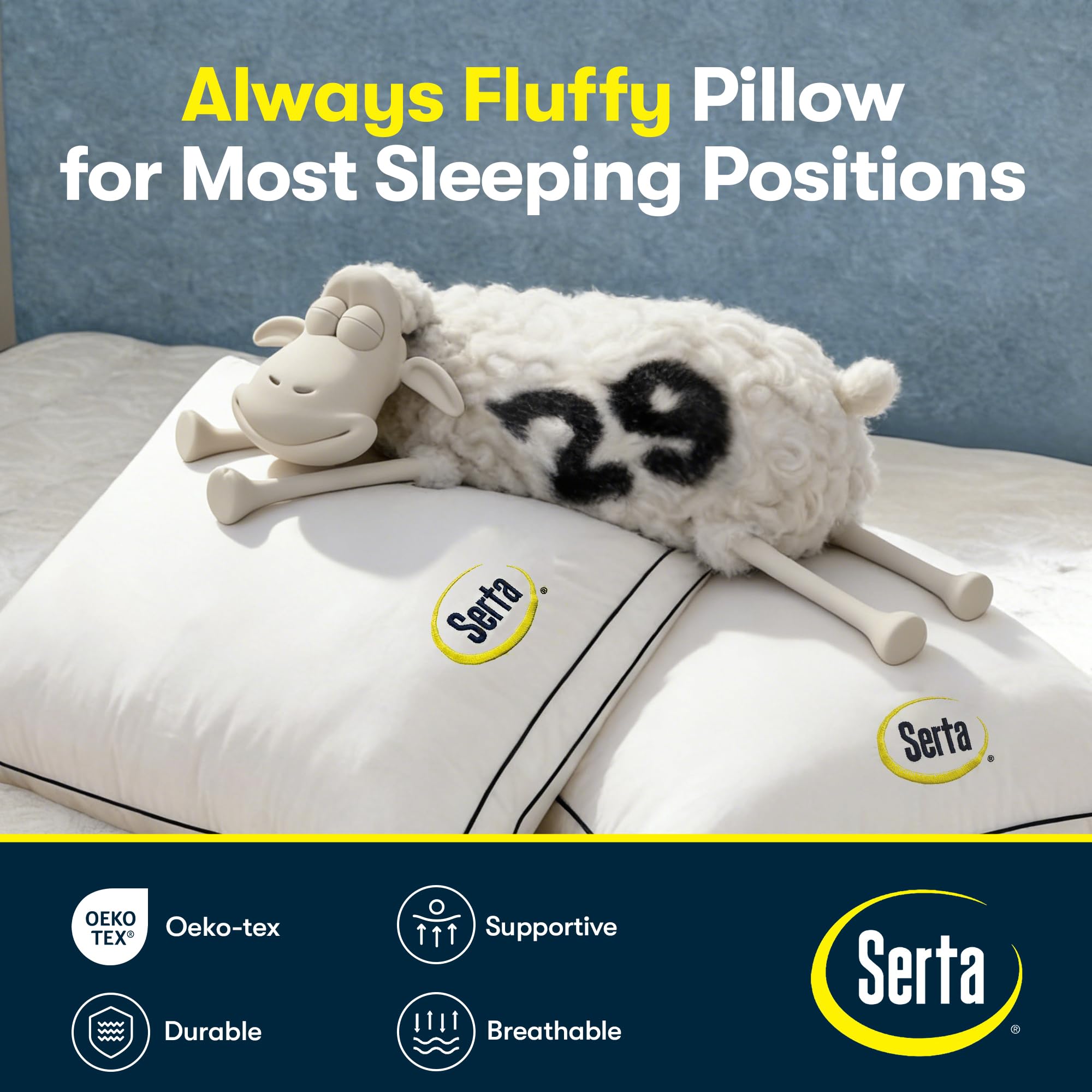 Serta Hotel Collection Bed Pillows Queen/Standard Size Set of 2, 400 Thread Count 100% Cotton Cover, Medium Firm, Support Gusseted Down Alternative Pillow for Back, Stomach or Side Sleepers, 18" x 26"