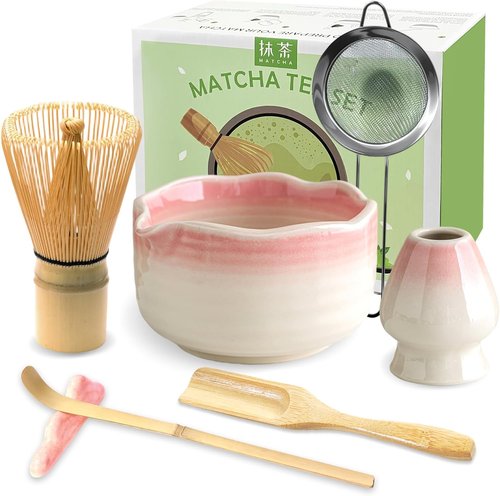 JBER Matcha Whisk Set - 7PCS Ceramic Matcha Kit with Bowl, Bamboo Whisk, Sifter & Spoon | Gradient Pink