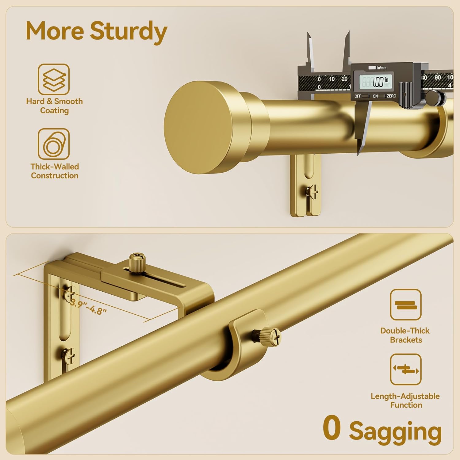 YaFex Curtain Rods - Heavy Duty 1 Inch Adjustable Window Treatment Rods | 32-144 Inch, Gold Finish